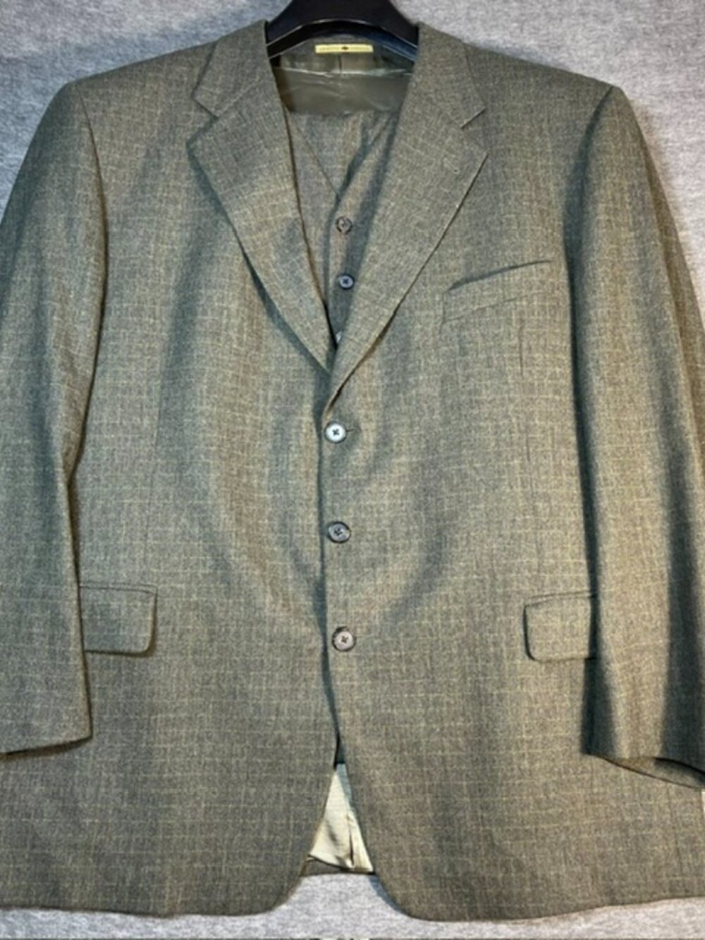 Joseph Abboud 3-Pc Suit Men's 46R 36x31 Wool Grey Taupe Windowpane 3 Button USA